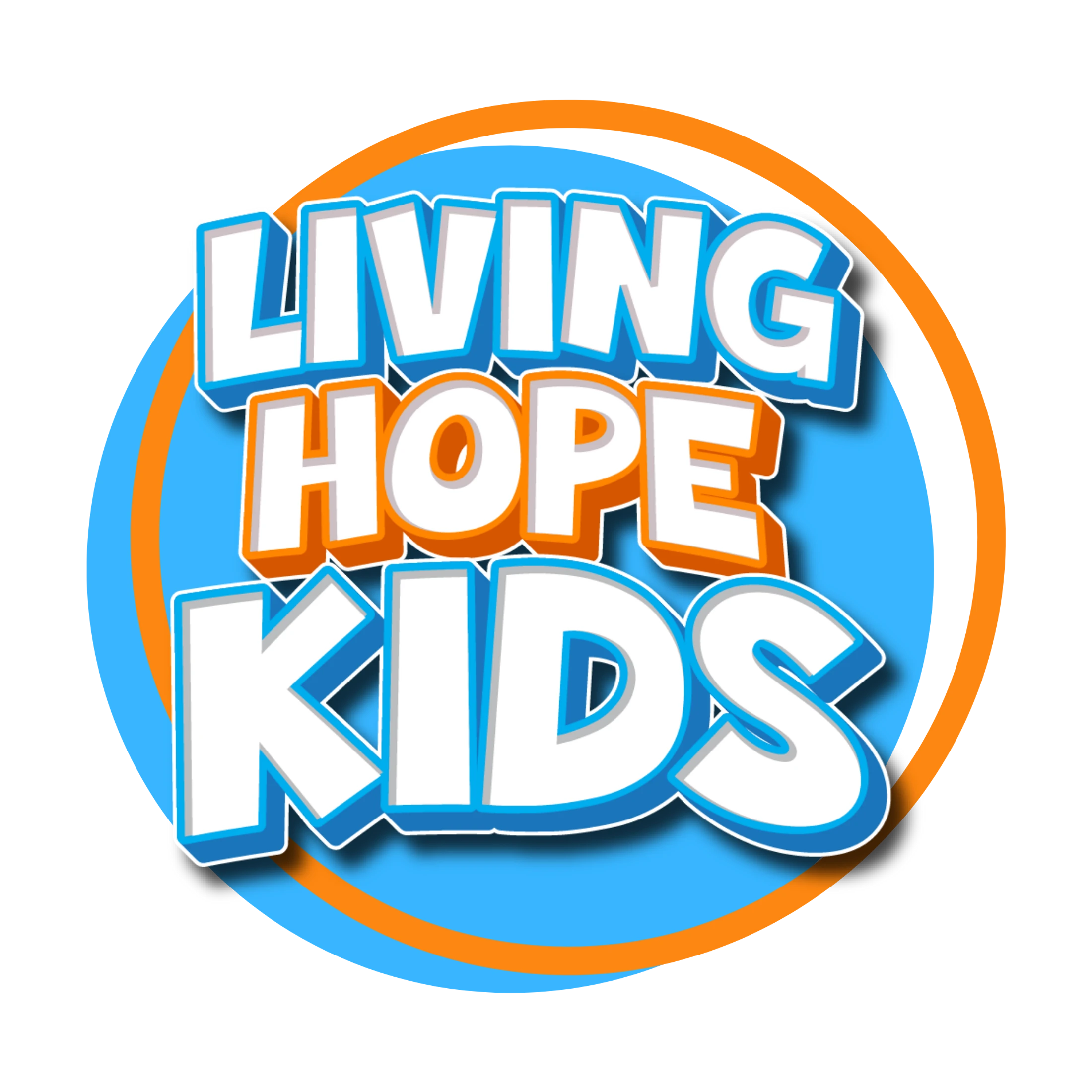 The Living Hope Kids logo with white, orange, and blue 3D text in a cartoon style, set against blue and orange concentric circles.