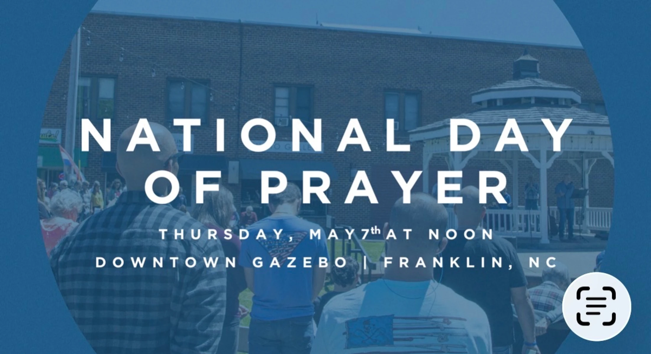 A graphic for the National Day of Prayer in Franklin, NC, showing a crowd gathered at a downtown gazebo. Text overlay provides event details.