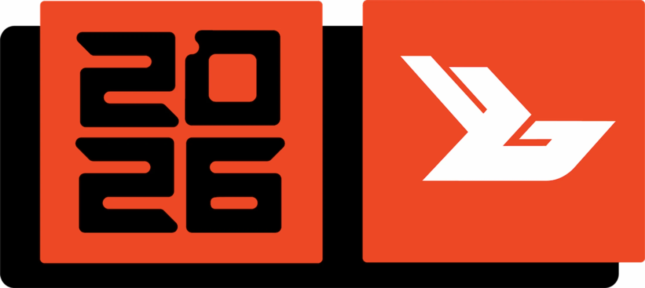 A modern logo featuring two orange squares. The left shows the year 2026 in a black, blocky font, and the right shows a white, abstract, winged symbol.