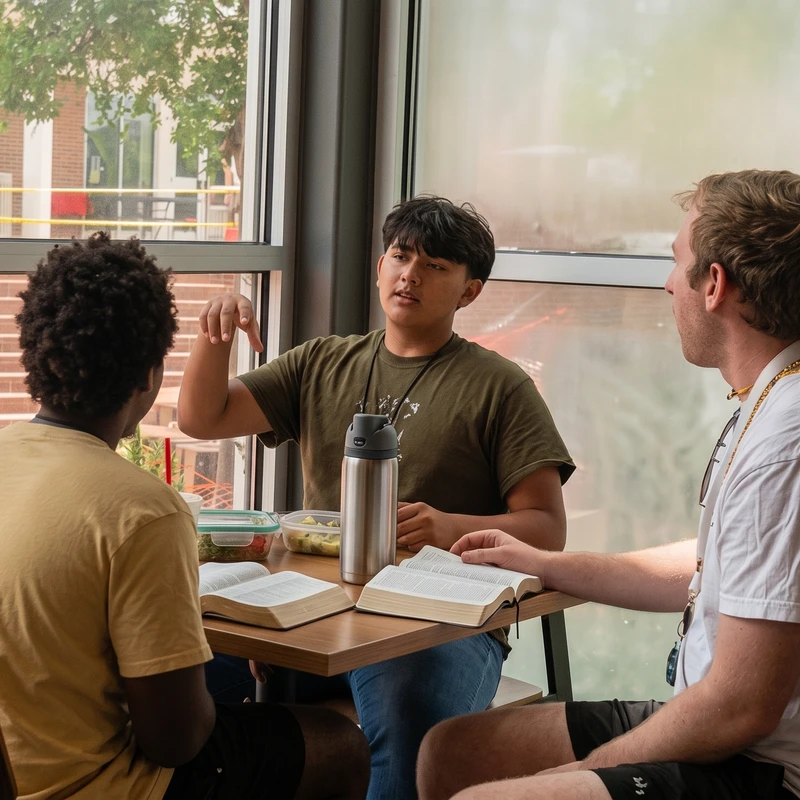 Three diverse young men sit at a table near a window, engaged in a discussion over open books that look like Bibles, with one gesturing as he speaks.