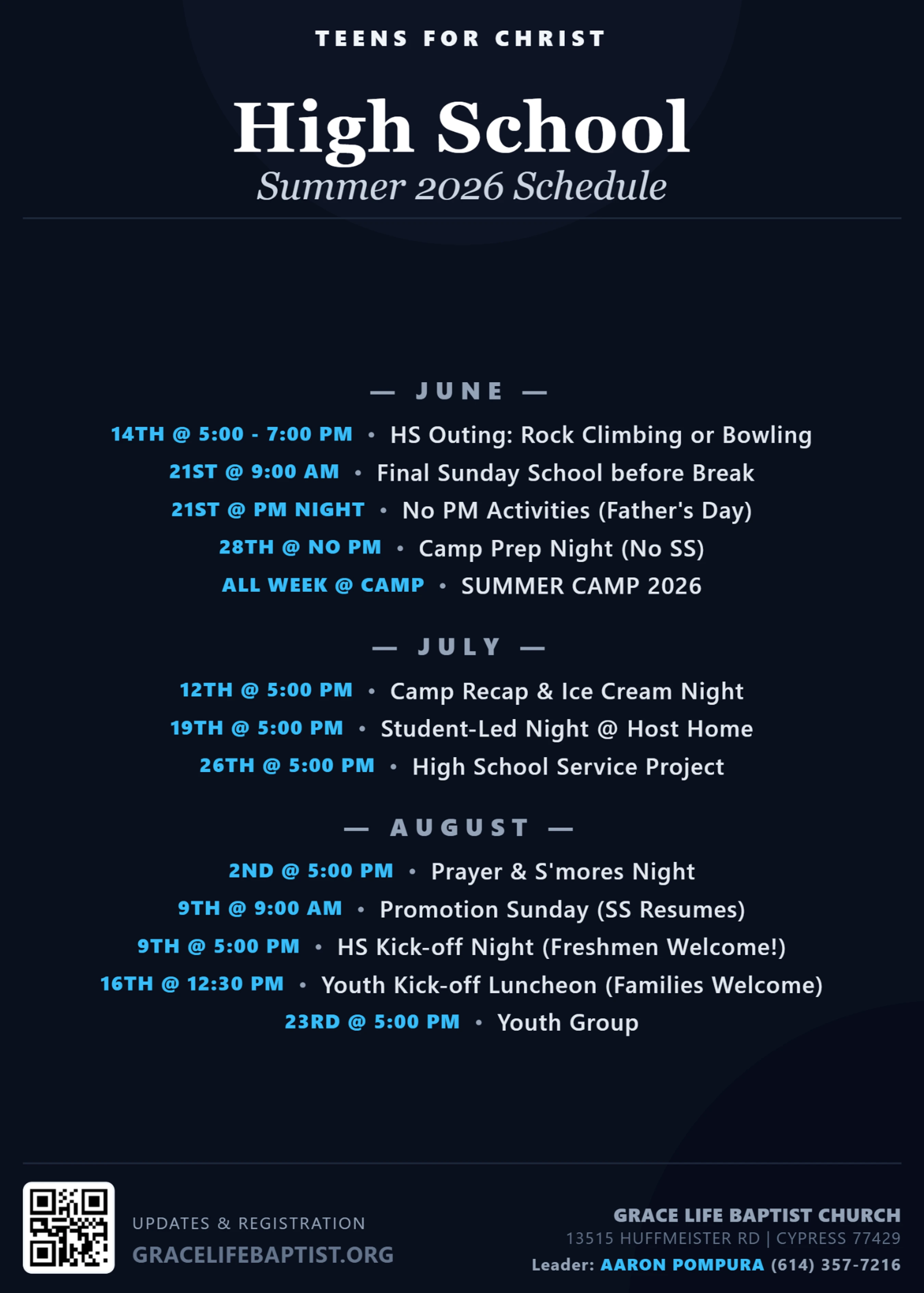 A dark blue flyer for a church youth group's high school summer 2026 schedule, listing events and times for June, July, and August.