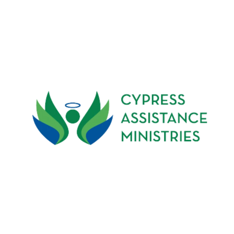 The logo for Cypress Assistance Ministries, showing a stylized angel with green and blue wings next to the organization's name on a black background.
