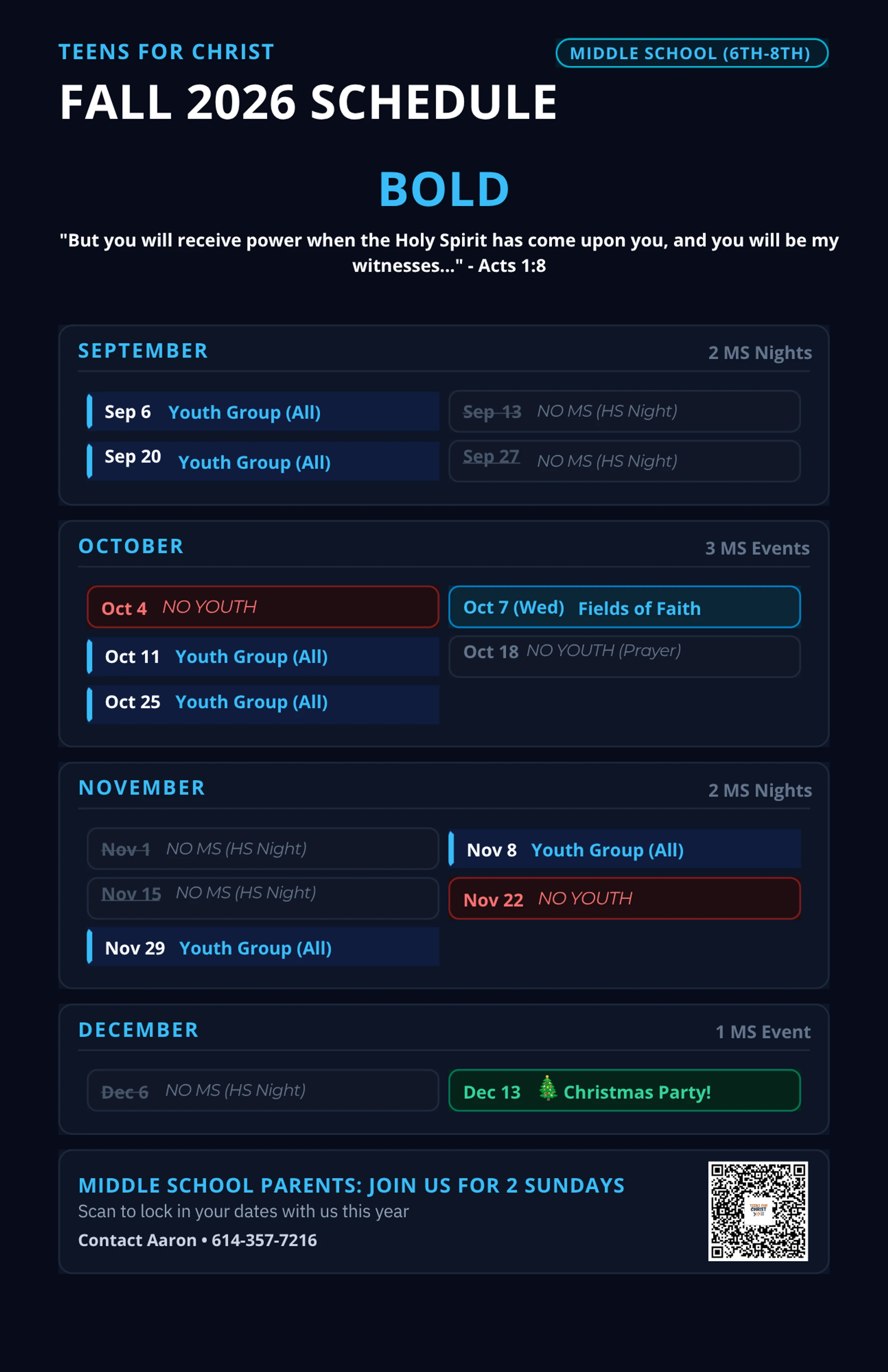 A flyer showing the Fall 2026 schedule for the Teens for Christ middle school youth group, listing events from September through December with dates and times.