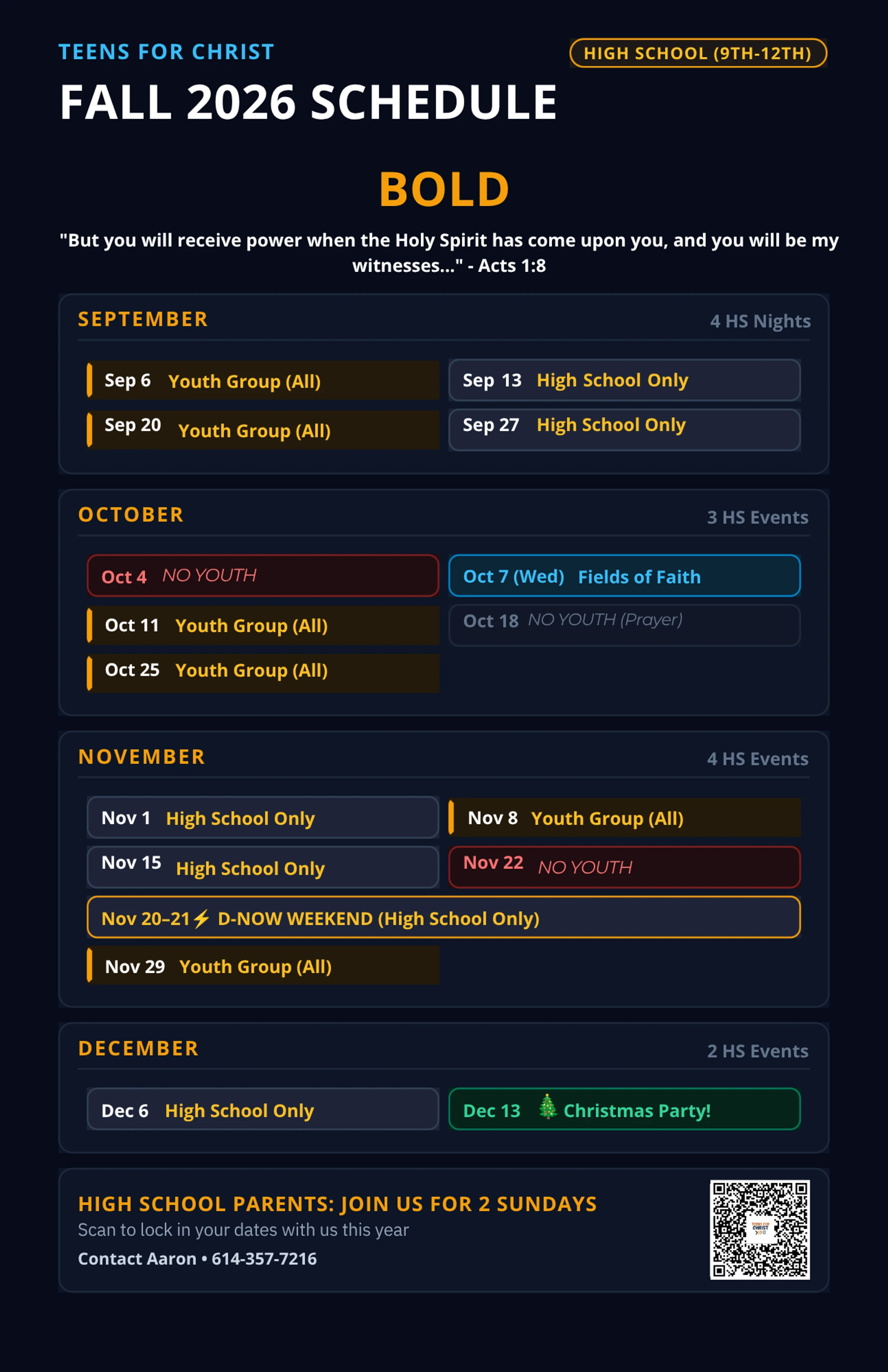 A dark blue flyer outlining the Fall 2026 schedule for the Teens for Christ high school group, with events listed monthly from September to December.