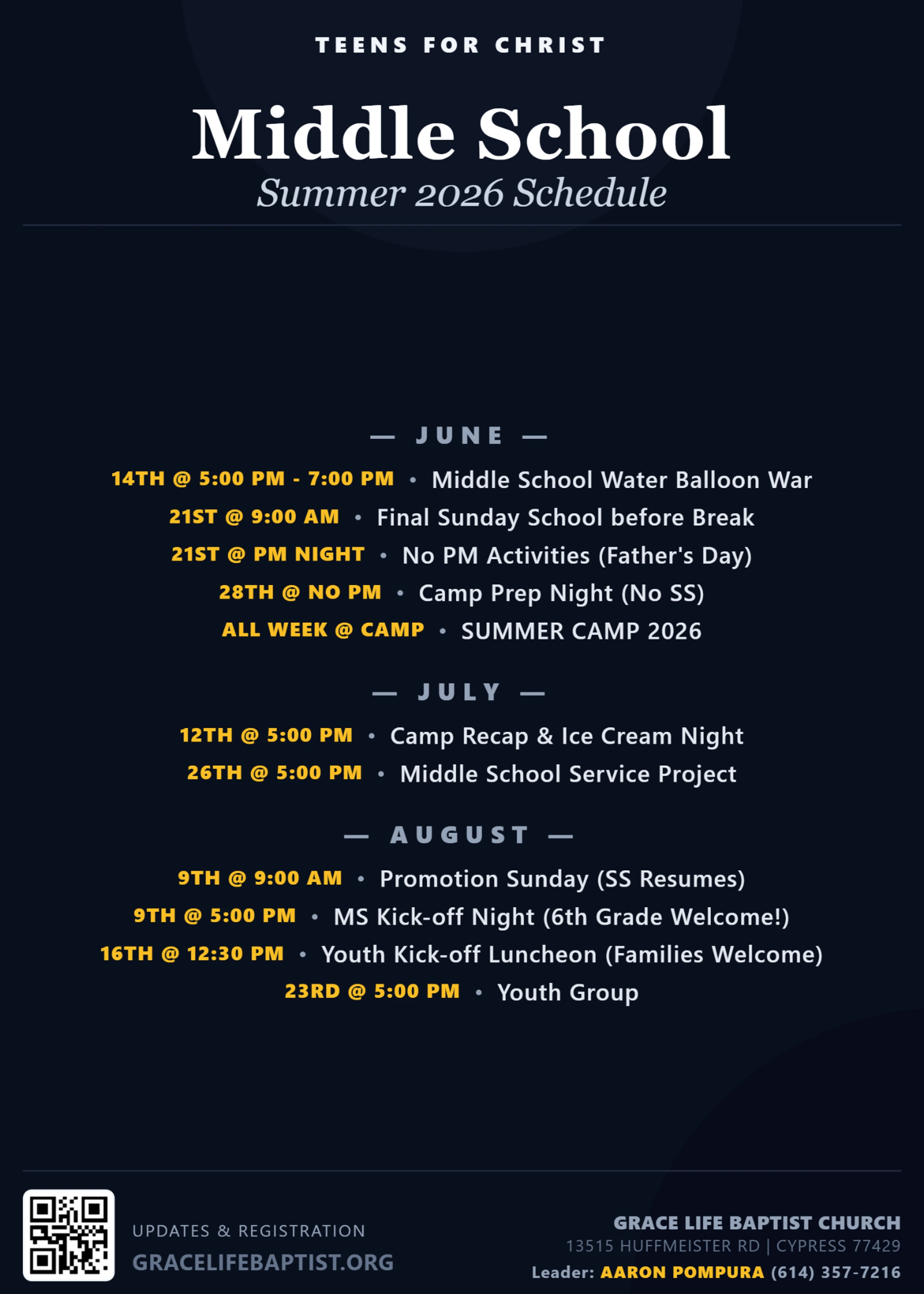 A dark blue flyer for a church youth group's Middle School Summer 2026 Schedule, listing events and dates for June, July, and August.