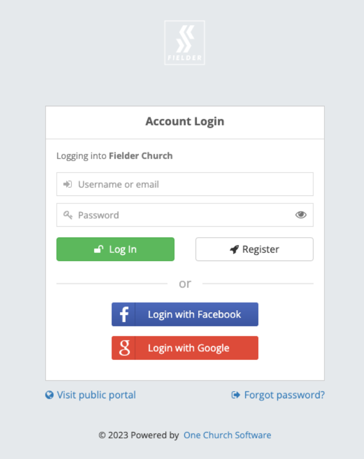 Fielder One Church Login Screen
