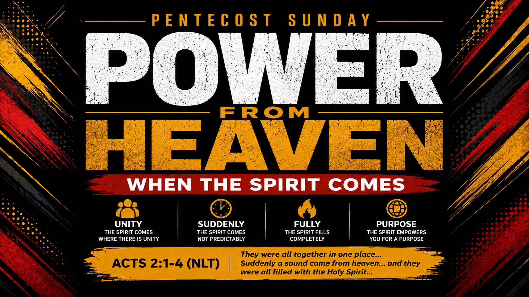 A graphic for Pentecost Sunday titled 'Power From Heaven'. It lists four points about the spirit: Unity, Suddenly, Fully, and Purpose, with a verse from Acts 2.
