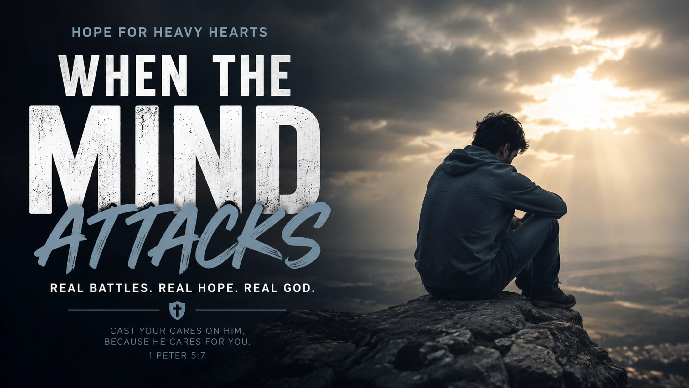A man sits on a rocky ledge under a dramatic, sunlit sky. Text reads 'When the Mind Attacks' and the Bible verse 1 Peter 5:7 about casting your cares on God.
