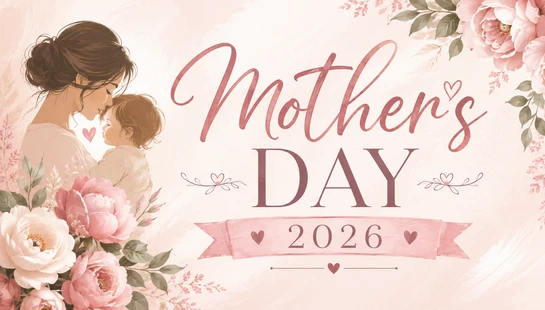 A watercolor-style illustration of a mother holding her baby, surrounded by pink peonies. The text reads 'Mother's Day 2026' in elegant script.