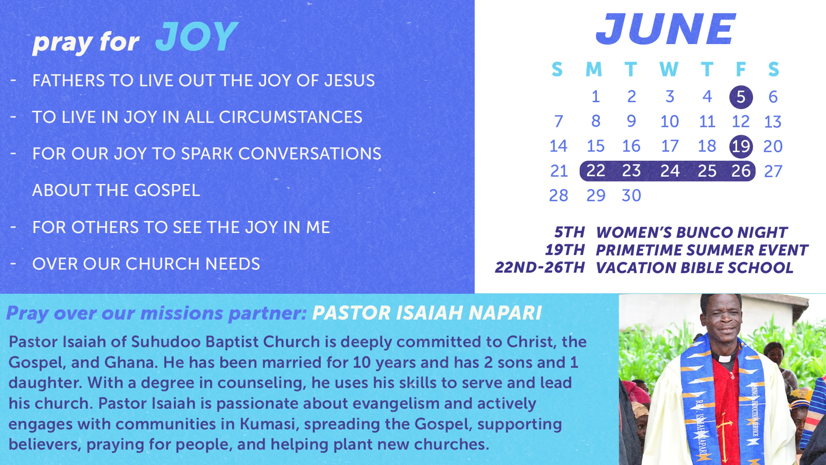 A church newsletter for June featuring a 'pray for JOY' list, a calendar of events, and an introduction to missions partner Pastor Isaiah Napari of Ghana.