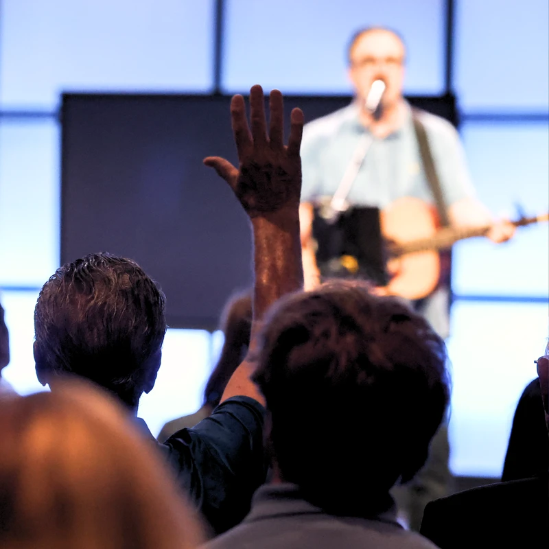 The back of a crowd looks towards a blurred stage where a man plays guitar. One person in the audience has their hand raised high in the air.