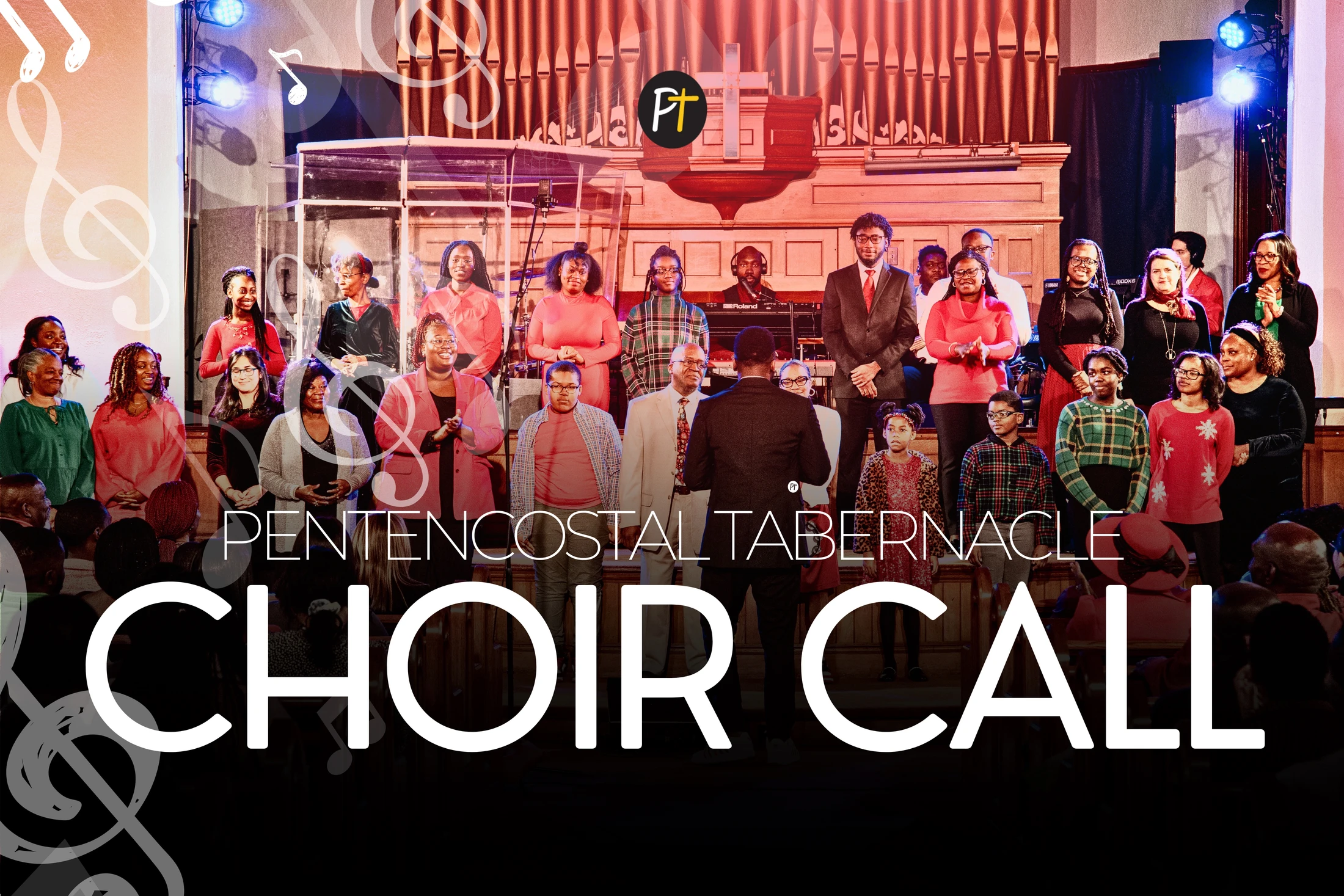 A diverse church choir stands on a stage in front of a large pipe organ. Large white text in the foreground reads 'Pentecostal Tabernacle Choir Call'.