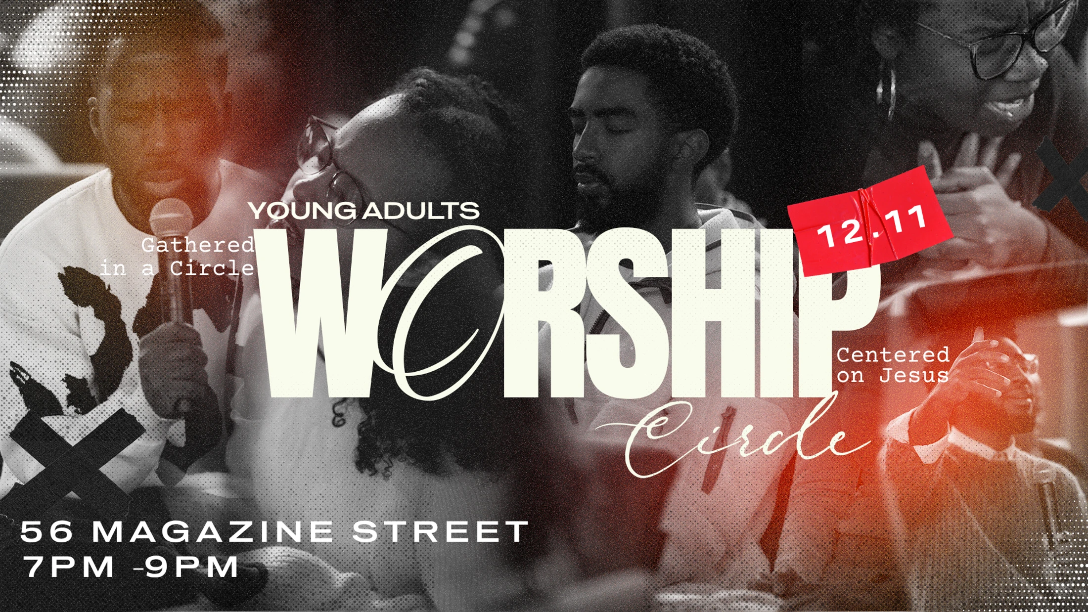 A promotional graphic for a young adults worship event with layered black and white photos of people singing and praying, with event details in bold text.