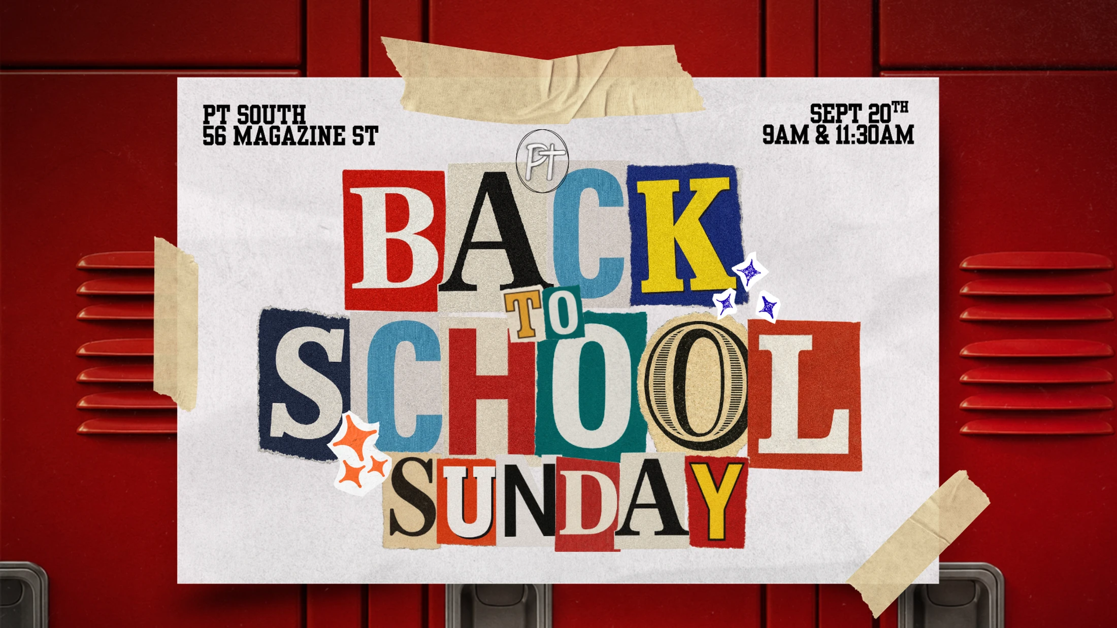 A poster taped to red school lockers advertises a 'Back to School Sunday' event. The text is made from colorful, cutout letters like a ransom note.
