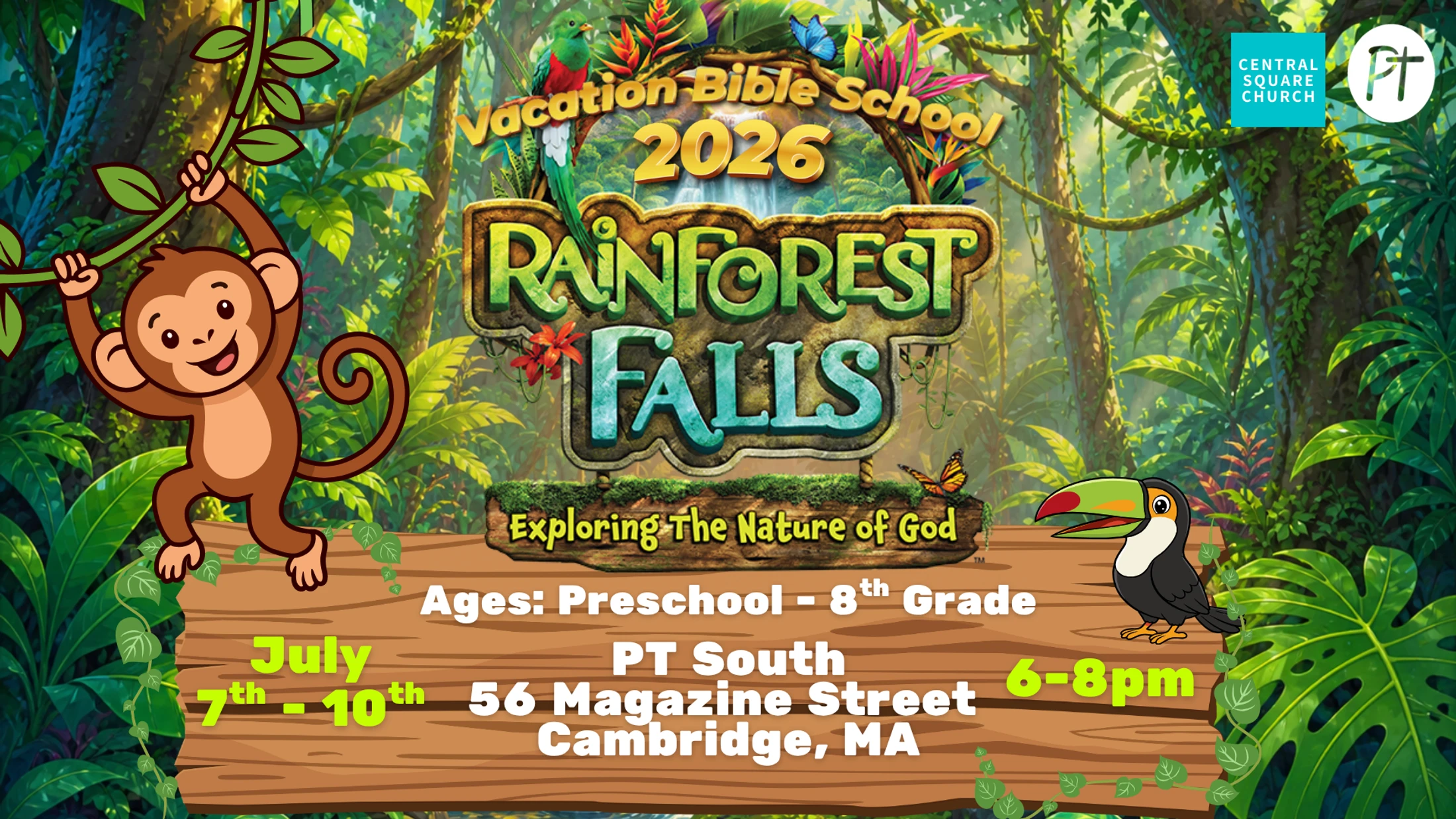 A colorful flyer for Vacation Bible School with a rainforest theme, featuring a cartoon monkey and toucan. Event details for July 2026 are included.
