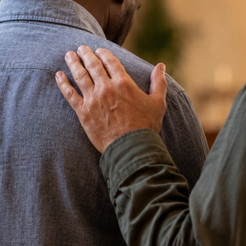 A close-up shot of a person's hand resting gently on another person's shoulder in a supportive and comforting gesture.
