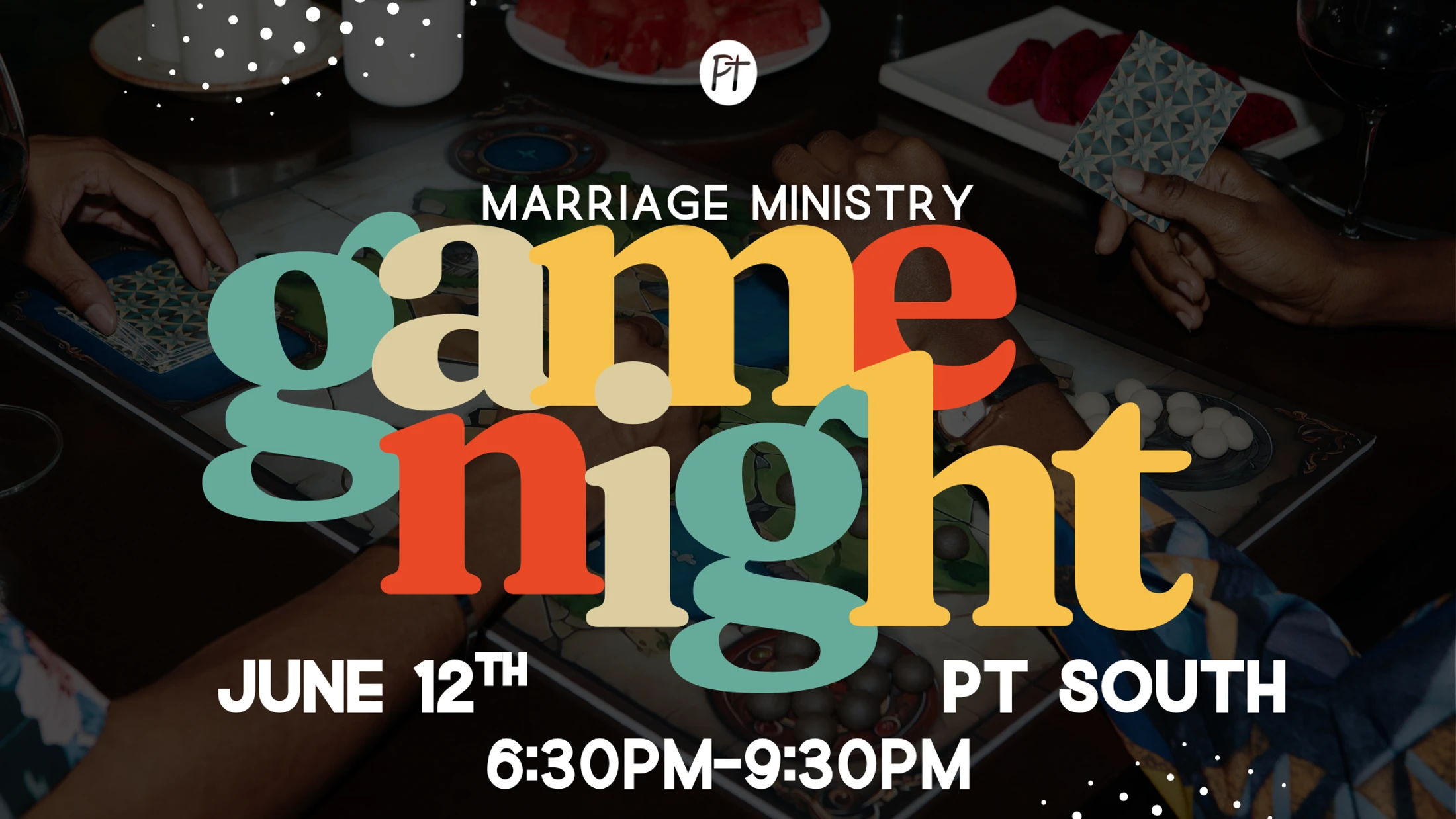 An event graphic for a Marriage Ministry Game Night. Colorful, retro text overlays a photo of couples playing board games with fruit and drinks on a table.