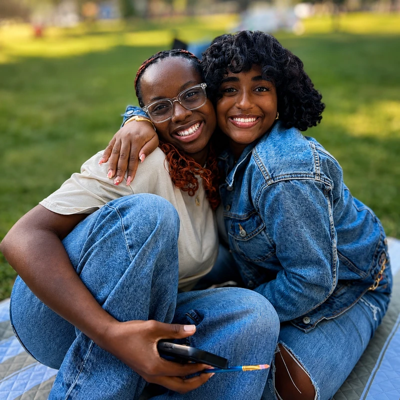 Two young Black women smile warmly at the camera as they embrace while sitting on a blanket in a grassy park on a sunny day.