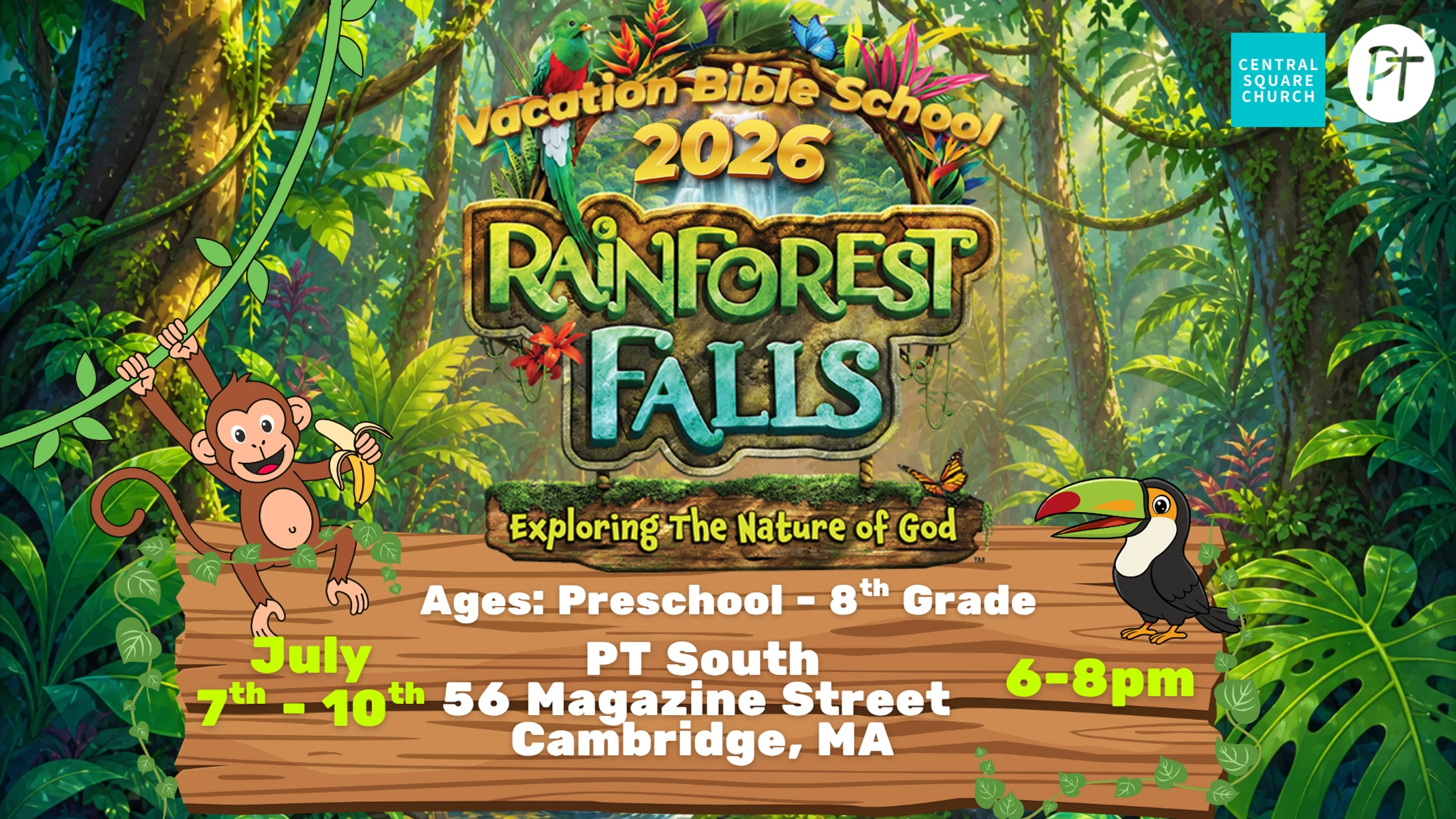A poster for Vacation Bible School 2026 with a 'Rainforest Falls' theme, featuring a monkey and a toucan in a jungle setting with event details.
