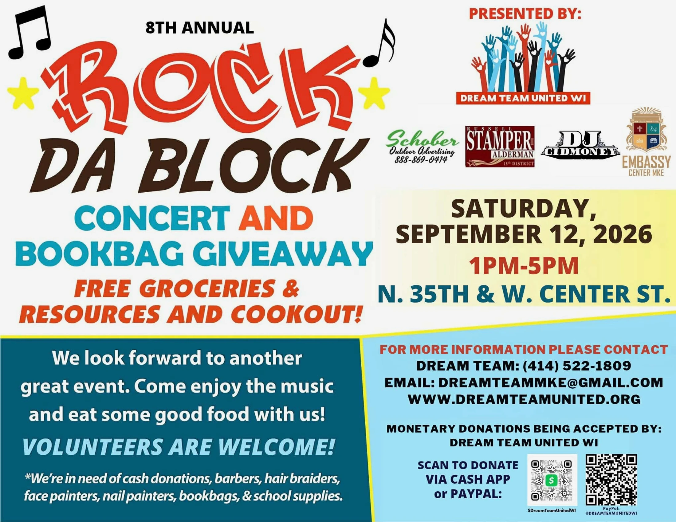 A flyer for the 8th Annual Rock Da Block event on September 12, 2026. It includes a concert, bookbag giveaway, free groceries, resources, and a cookout.