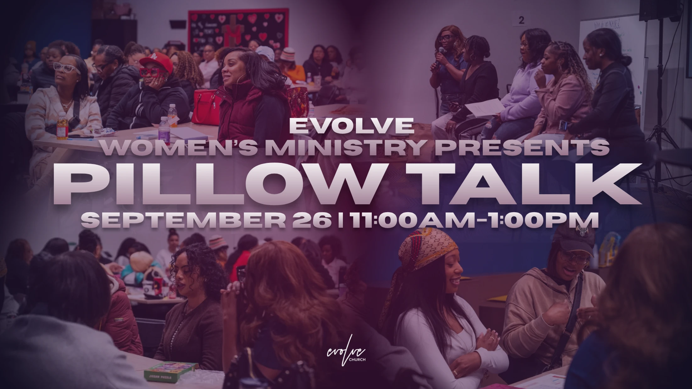 A promotional graphic for a women's ministry event called Pillow Talk on September 26, with a background collage of Black women attending the gathering.