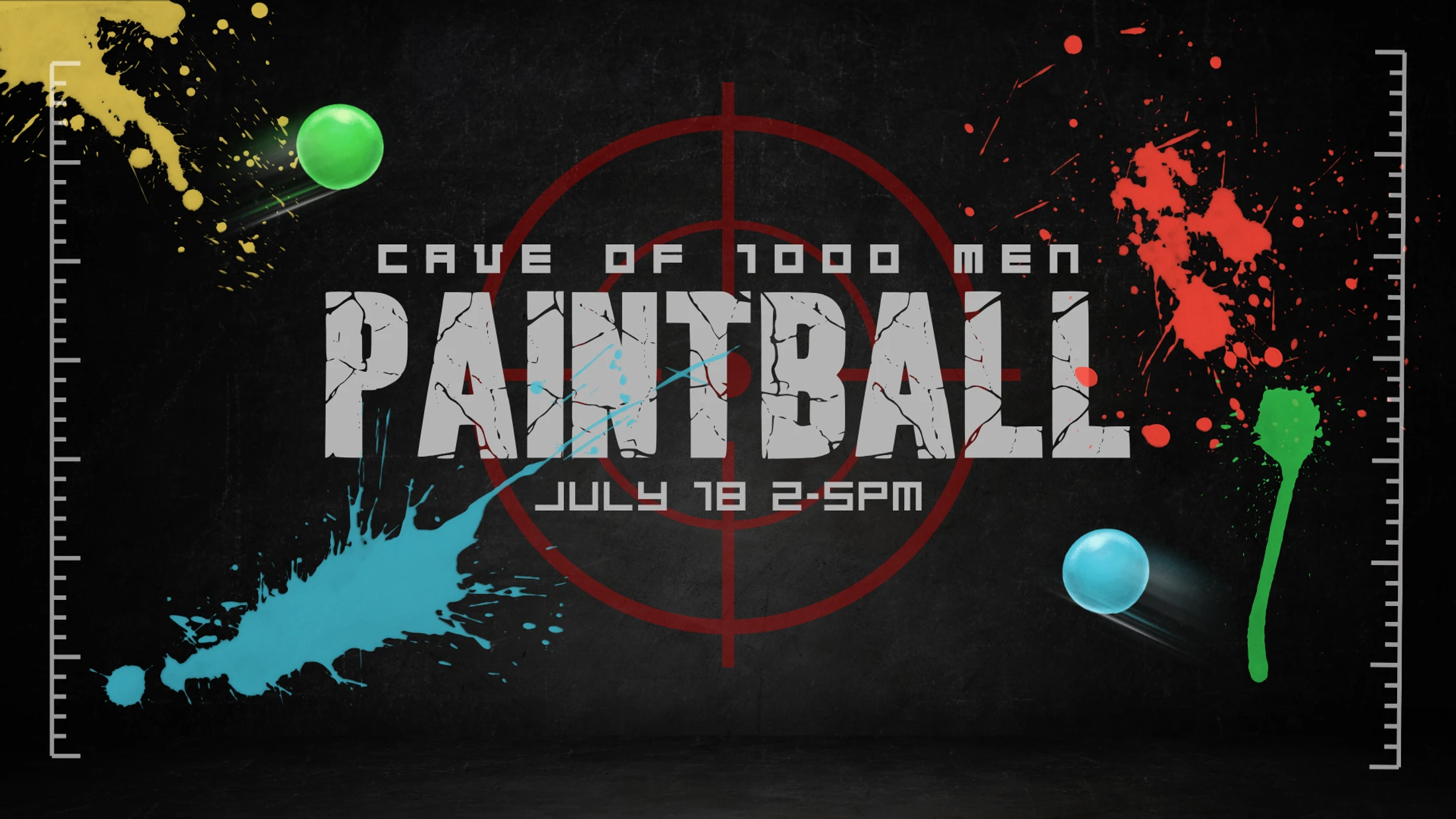 Promotional graphic for a paintball event. Text reads 'Cave of 1000 Men Paintball, July 18 2-5PM' over a red target with colorful paint splatters.