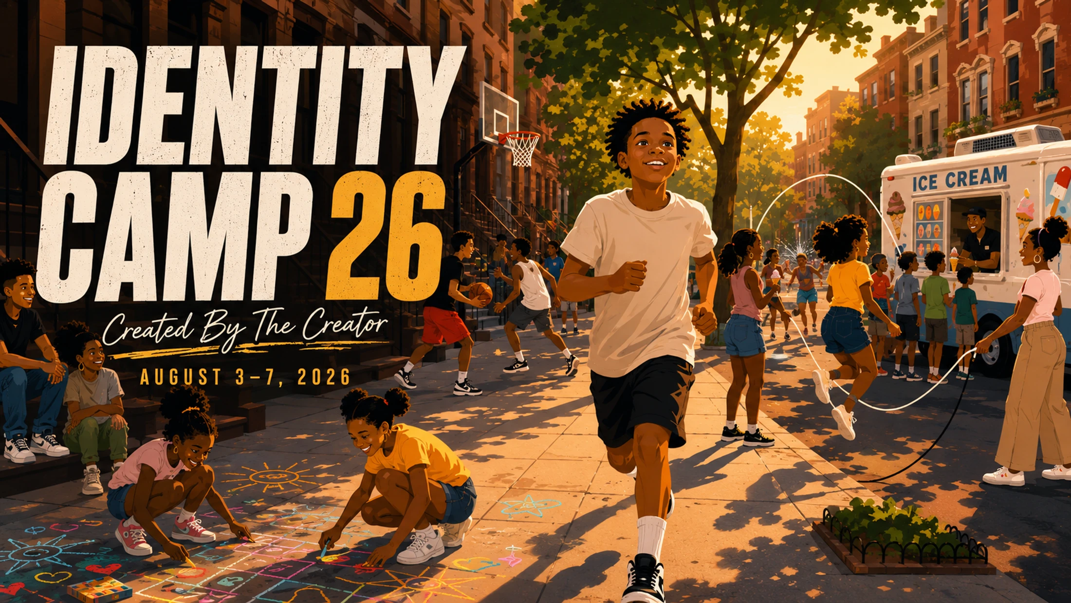 An illustration for Identity Camp 26 featuring Black children playing on a sunny city street. They are running, playing basketball, and getting ice cream.