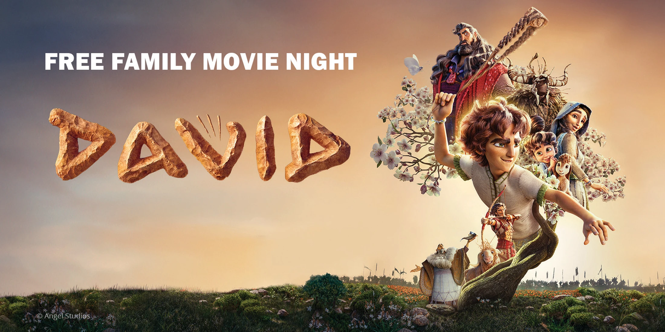 A promotional poster for the animated movie "David." Various characters emerge from a flowering branch, with the title in stone letters above a green field.