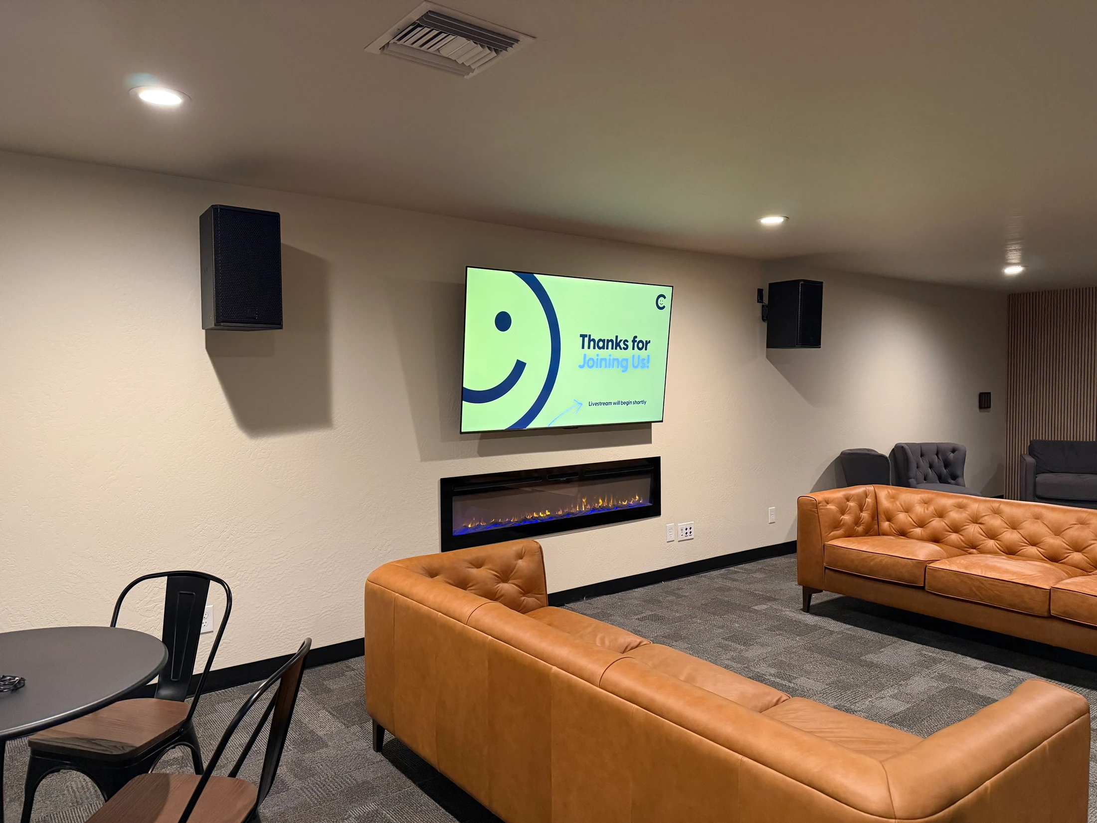 Lobby TV and speakers at Joy Church