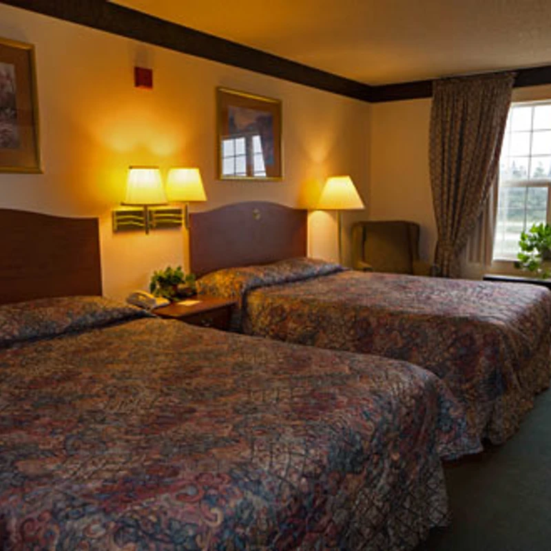 A warmly lit hotel room with two double beds covered in patterned comforters, a nightstand, and a window with curtains overlooking a green space.