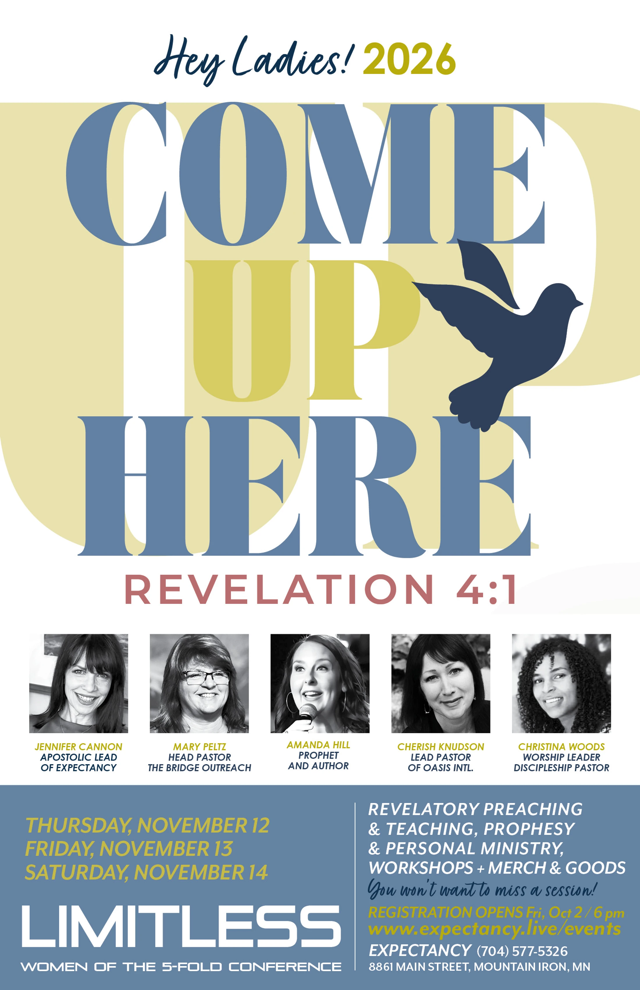 Promotional flyer for the 'Come Up Here' Limitless Women's Conference in 2026. Features event details, dates, and photos of five female speakers.