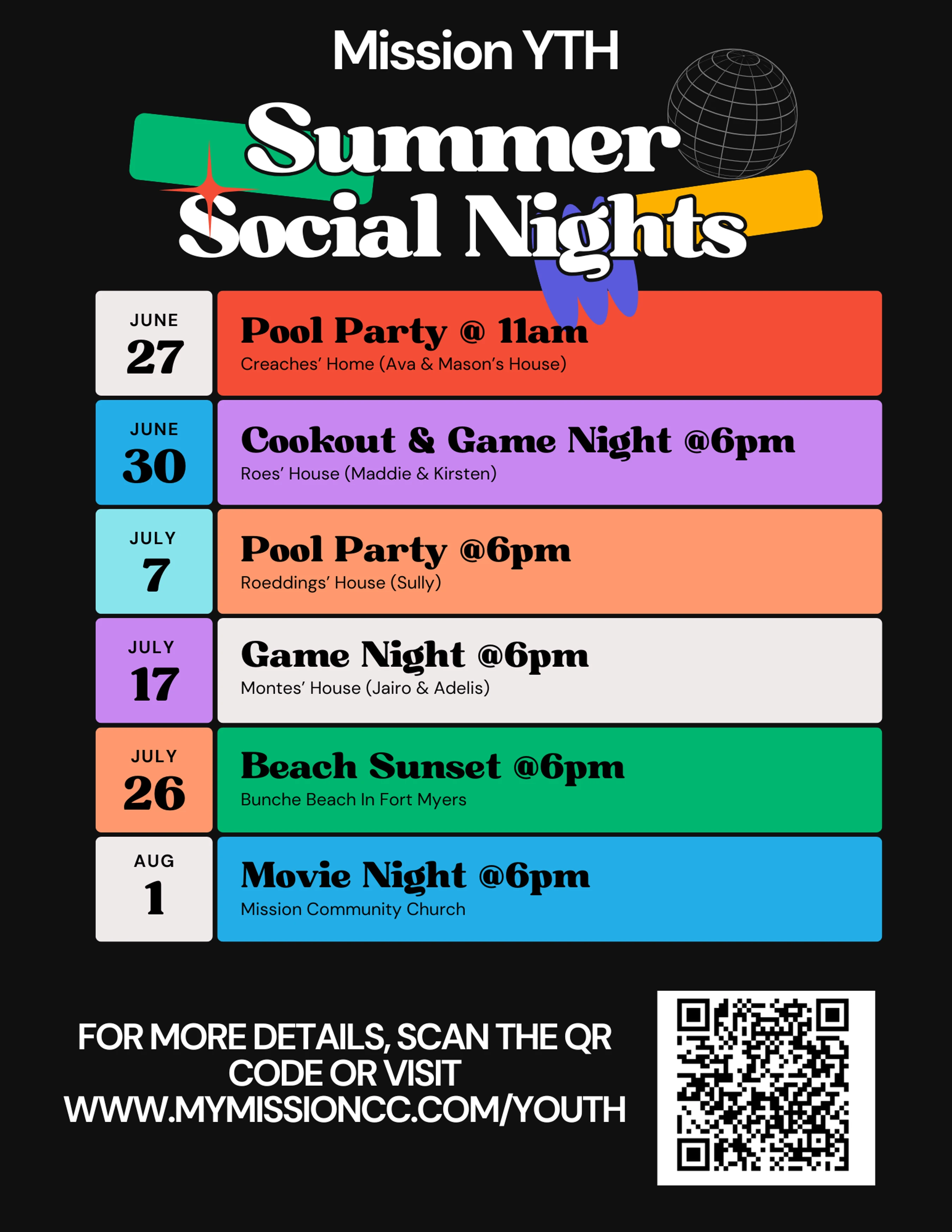A colorful flyer for Mission YTH Summer Social Nights, listing events like pool parties and game nights from June 27 to August 1, with a QR code for details.