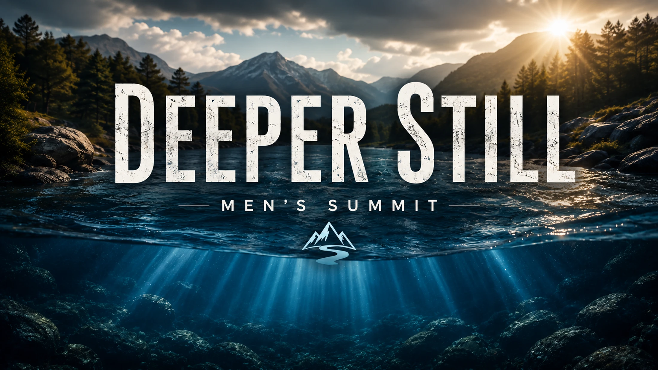 A graphic for a Men's Summit titled "Deeper Still" showing a split view of a river, with mountains above the water and an underwater scene below.