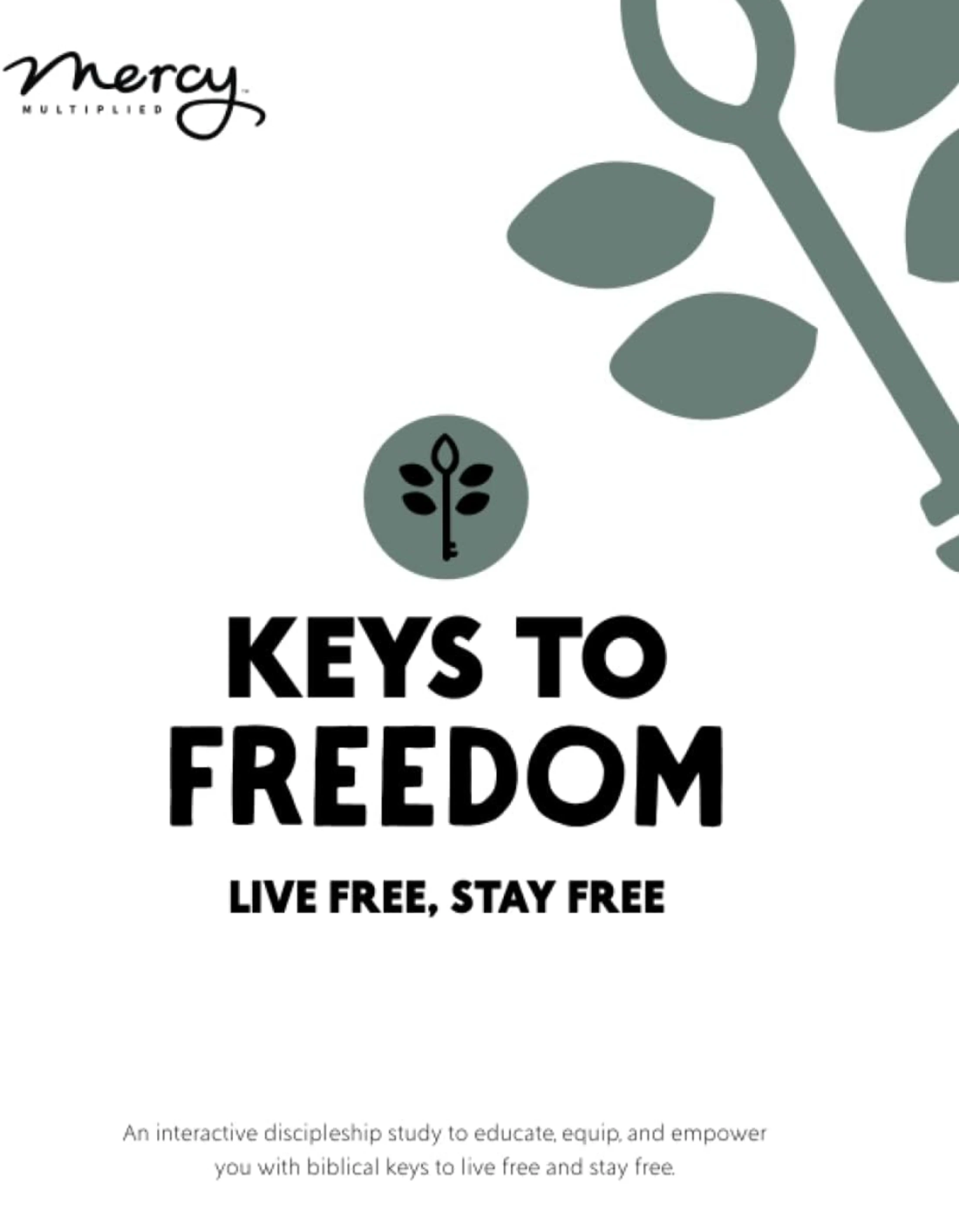 A promotional graphic for a discipleship study called Keys to Freedom. It features the Mercy Multiplied logo and a graphic of a key with leaves.
