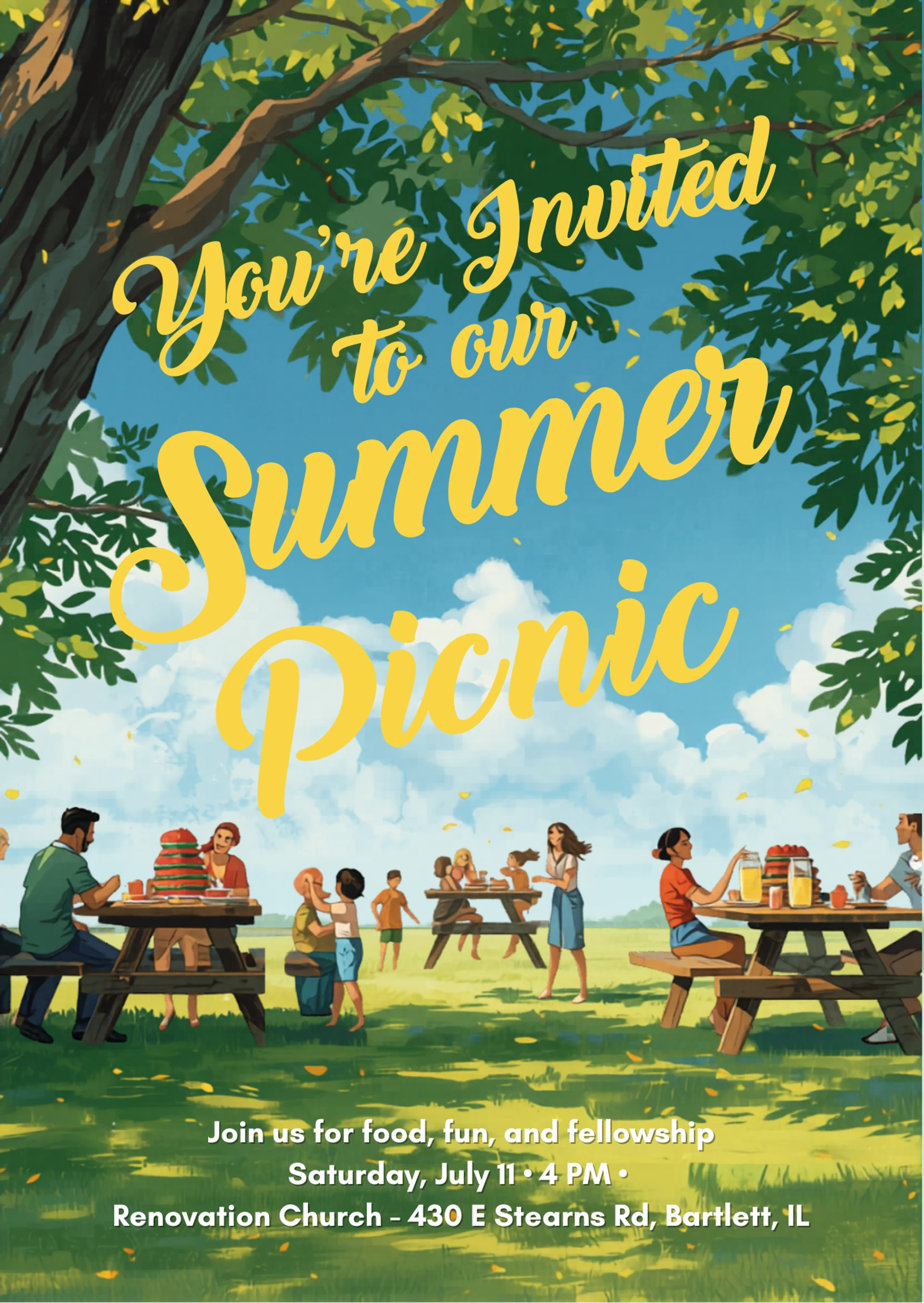 An illustrated poster inviting people to a summer picnic. It shows families and friends gathered at picnic tables in a sunny park under a large tree.