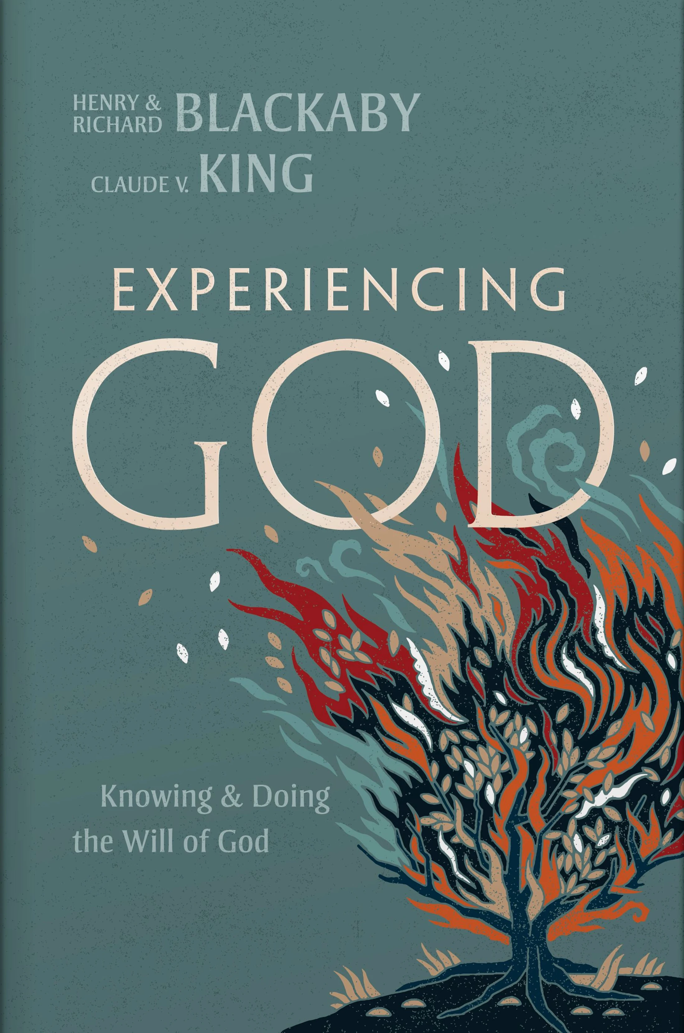 The book cover for 'Experiencing God,' featuring a stylized illustration of a burning bush with colorful flames against a muted teal background.