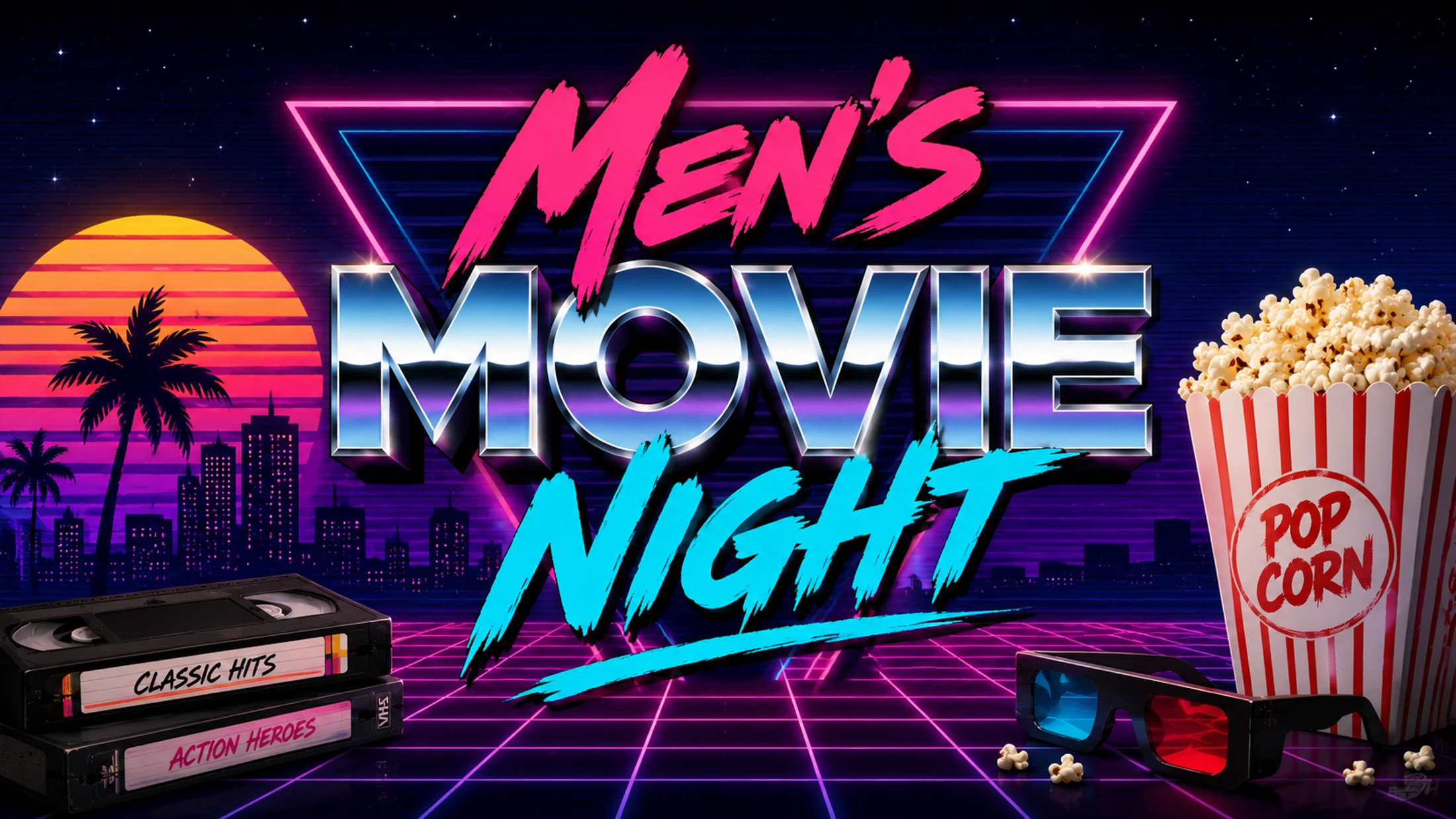 A vibrant 80s-themed graphic for 'Men's Movie Night' with neon text, VHS tapes, popcorn, and 3D glasses against a retro cityscape background.