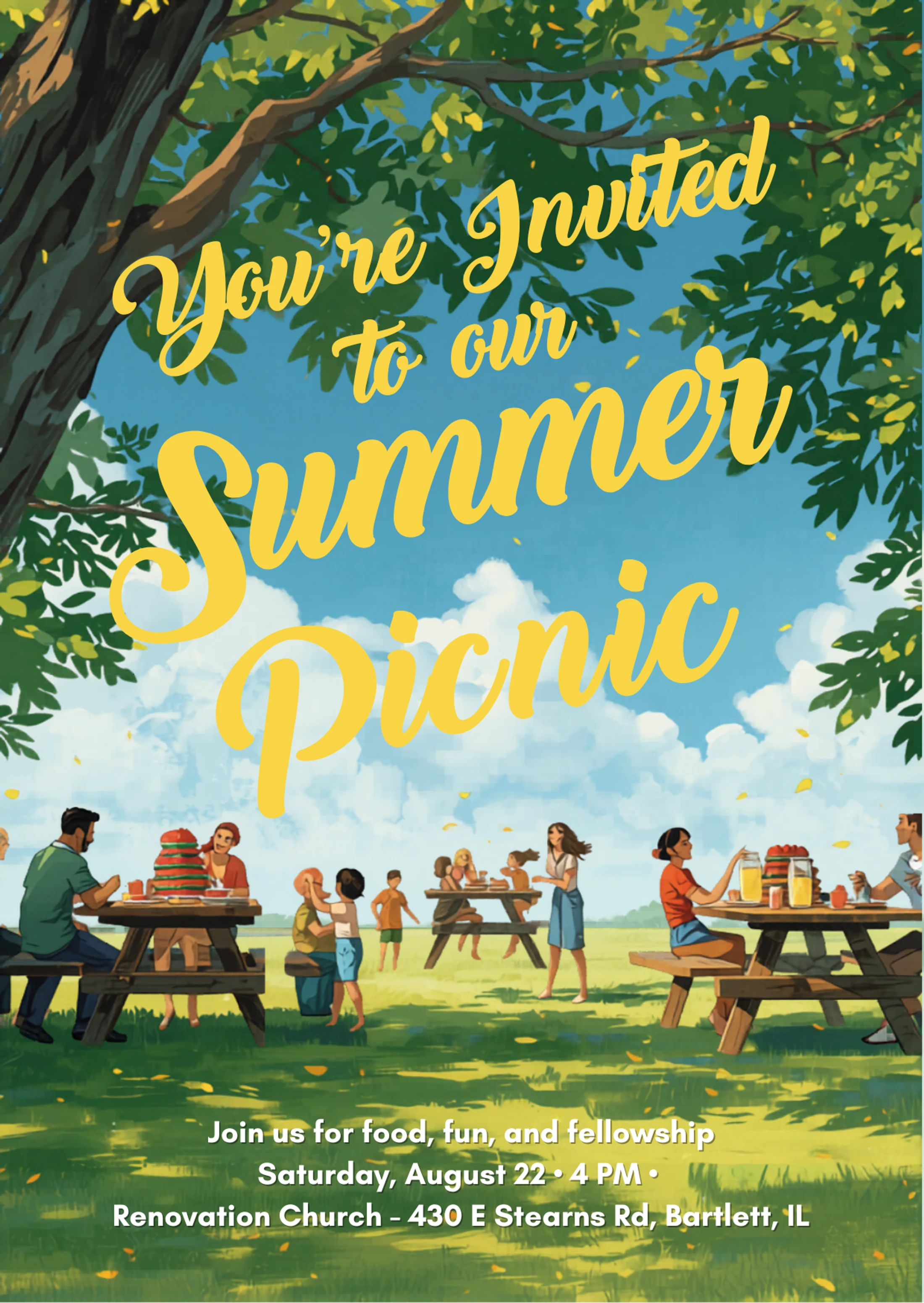 An illustrated poster for a summer picnic. It shows families and friends enjoying food and fellowship at picnic tables in a sunny park under a large tree.