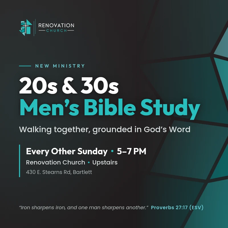A graphic announcing a new ministry: a 20s & 30s Men's Bible Study at Renovation Church, held every other Sunday from 5-7 PM.
