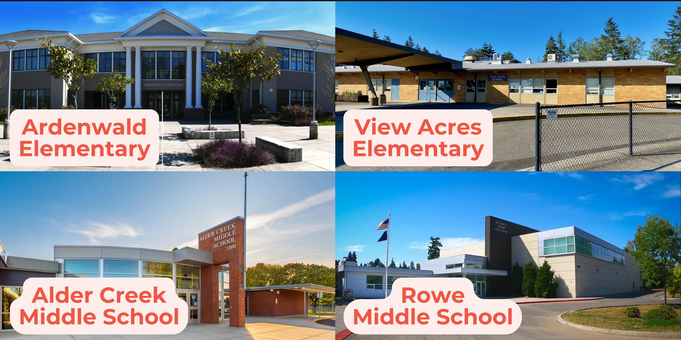 A collage showing the exteriors of four schools: Ardenwald Elementary, View Acres Elementary, Alder Creek Middle School, and Rowe Middle School.