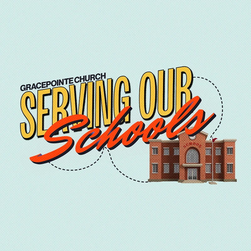 A retro-style graphic with the text 'GracePointe Church Serving Our Schools' next to an illustration of a red brick schoolhouse on a light blue background.