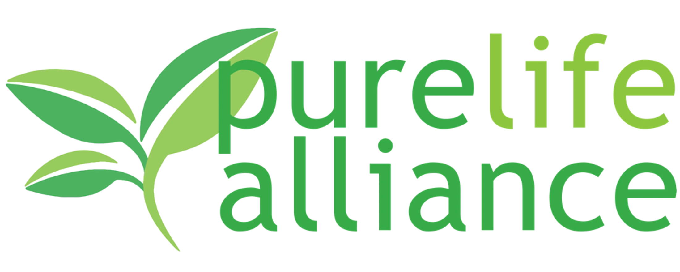 The logo for Purelife Alliance in shades of green. The text is stacked, with a stylized plant with leaves growing to the left of the words.