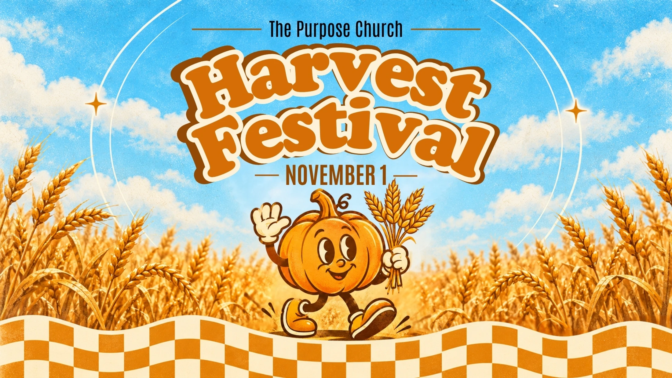 A retro graphic for a Harvest Festival on Nov. 1, with a cartoon pumpkin walking through a wheat field under a blue sky with clouds.