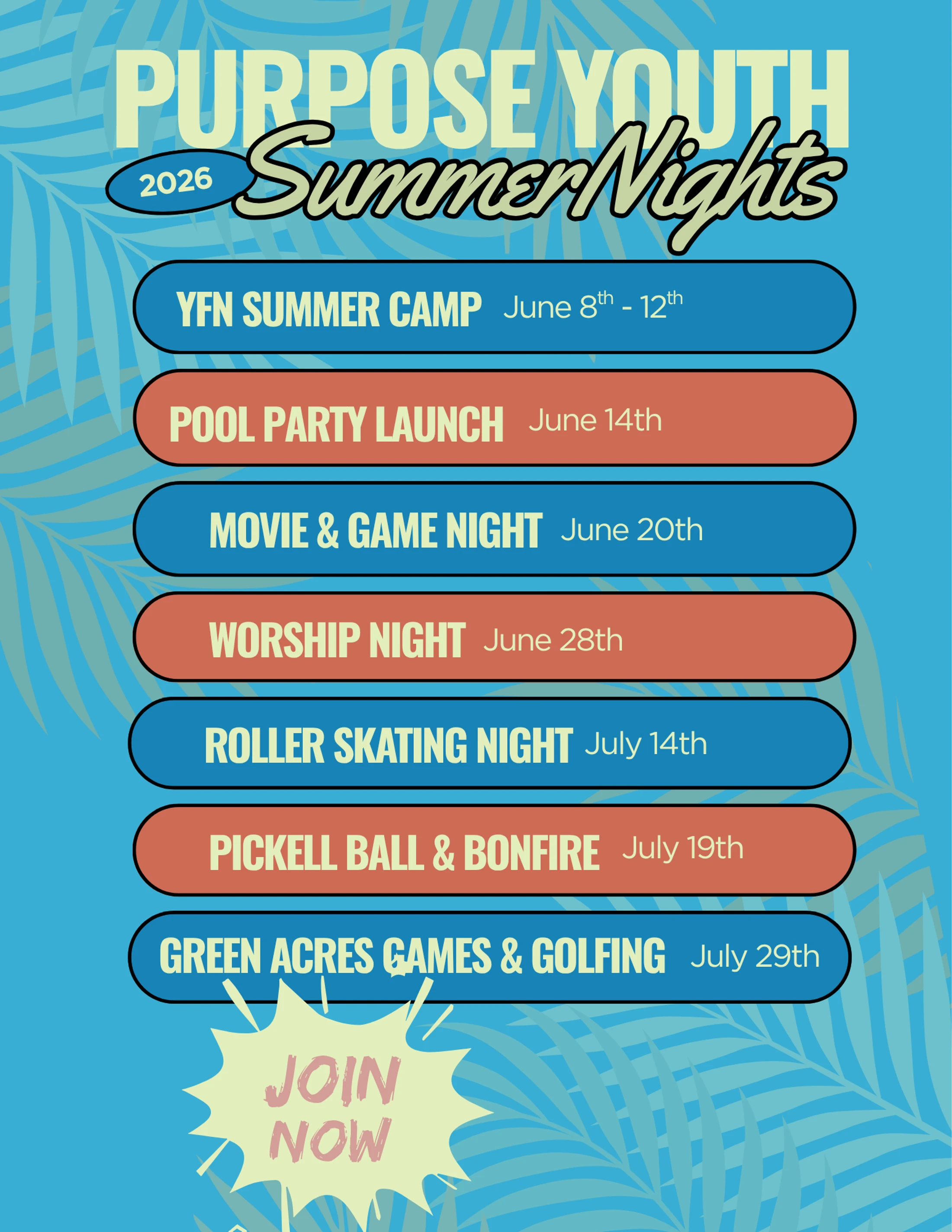 A flyer for 'Purpose Youth 2026 Summer Nights' on a blue background with palm leaves, listing events and dates for June and July.