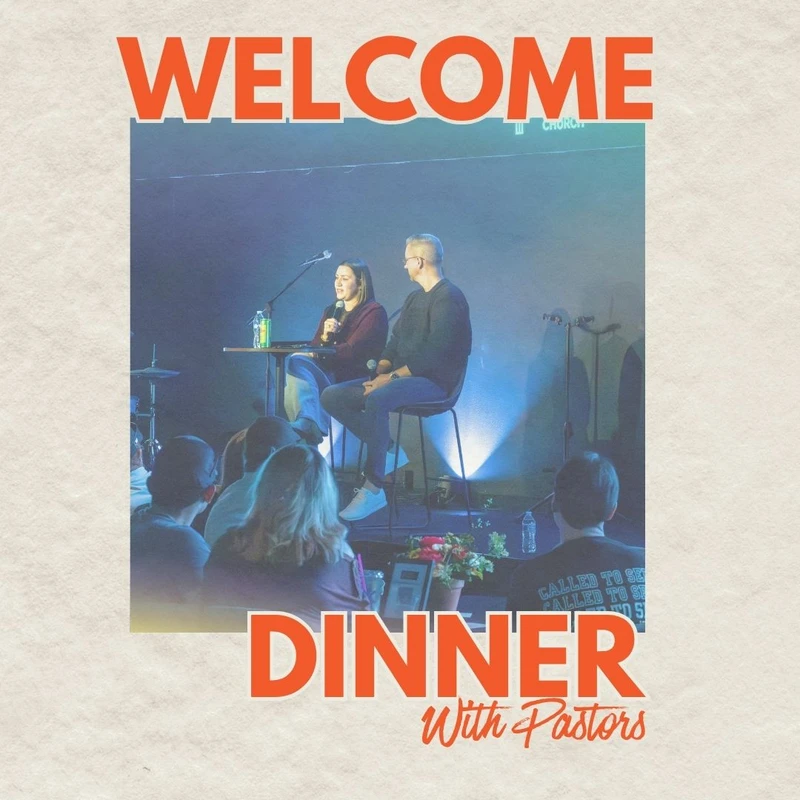 A promotional graphic for a "Dinner with Pastors" event. In the center, two pastors sit on a stage under blue lights, speaking to an audience.