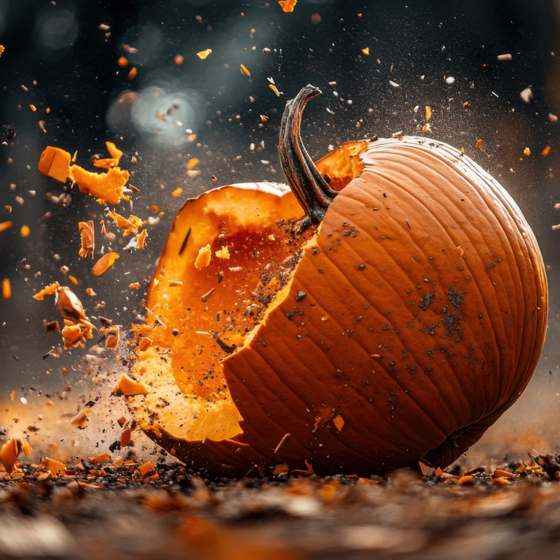 A dynamic, close-up shot of a large orange pumpkin exploding. Shards and pieces of the pumpkin are frozen in mid-air, flying away from the main body.