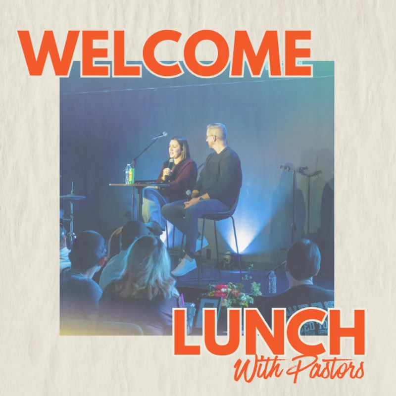 An event graphic for a 'Welcome Lunch With Pastors' featuring a photo of a man and woman on stage talking to a small audience.