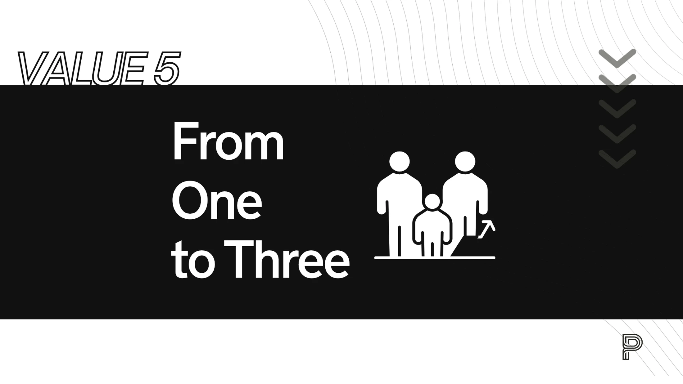 A graphic with text that reads 'VALUE 5' and 'From One to Three' next to an icon of a family, symbolizing growth and scaling.