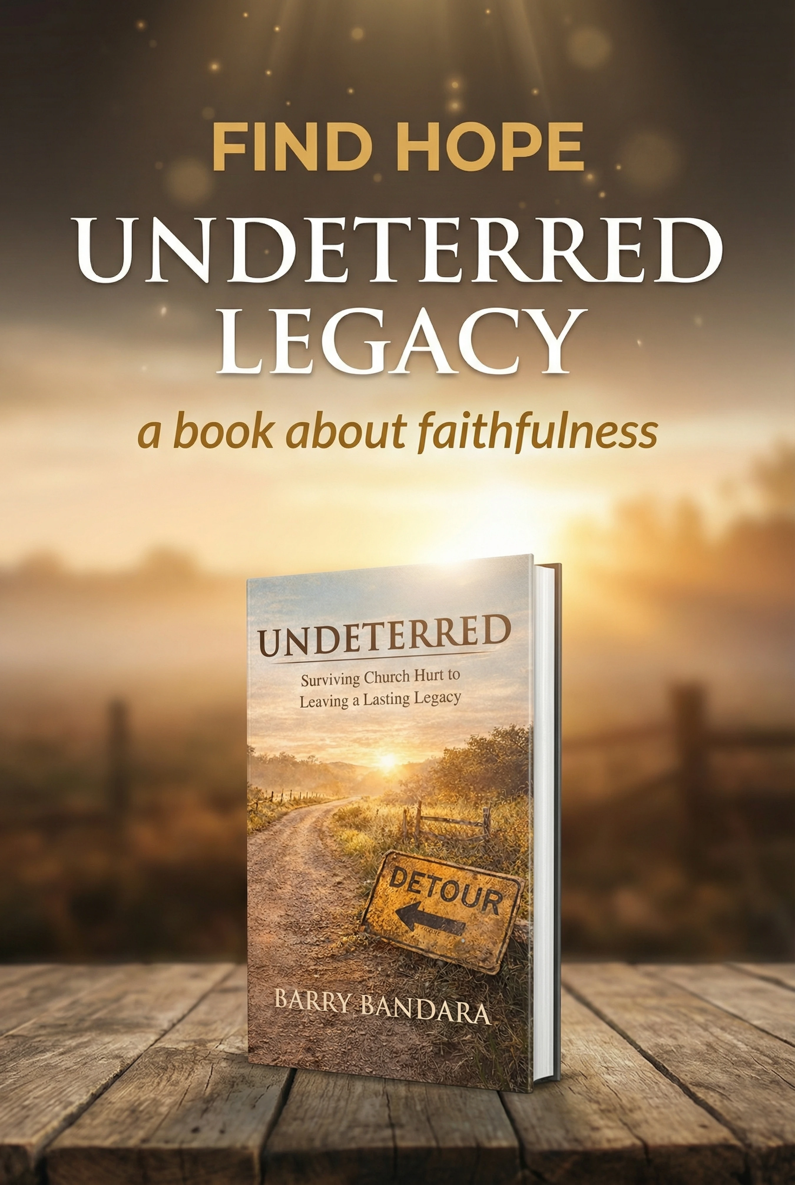 A promotional image for the book 'Undeterred' by Barry Bandara. The book stands on a wooden table with text above reading 'Find Hope, Undeterred Legacy.'