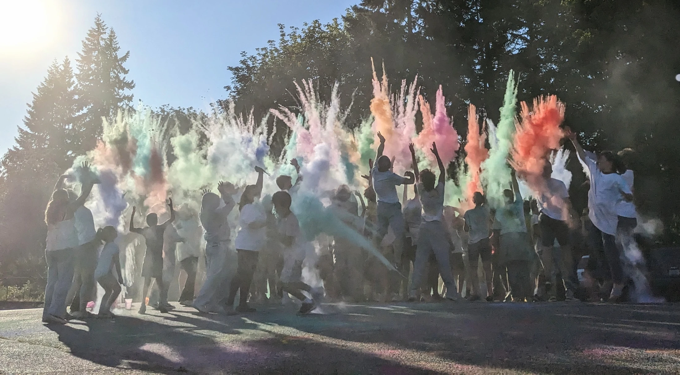 A large group of people celebrate outdoors, tossing plumes of multi-colored powder into the air under a bright sky with trees in the background.